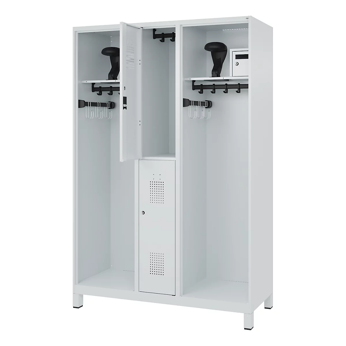 Brandweerkluis C+P Evolo Maxi, 4 vakken voor 2 personen, met helmhouder, met poten, B 1300 x D 500 x H 1950 mm, RAL 7035 lichtgrijs