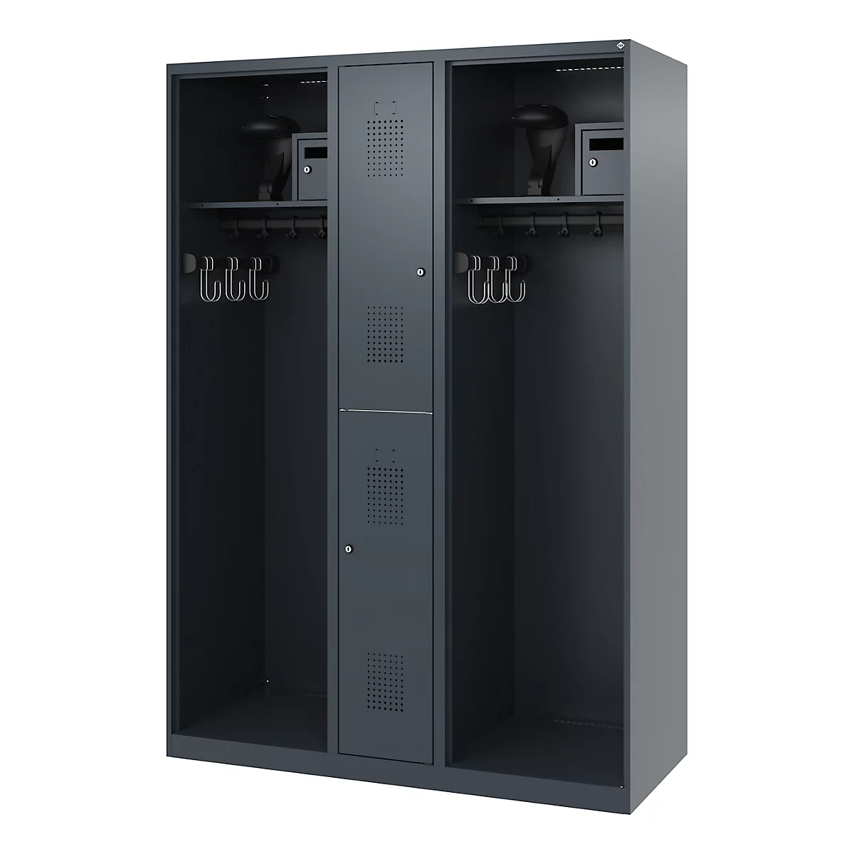 Brandweerkluis C+P Evolo Maxi, 4 vakken voor 2 personen, met helmhouder, vloerglijders, B 1300 x D 500 x H 1850 mm, RAL 7016 antracietgrijs