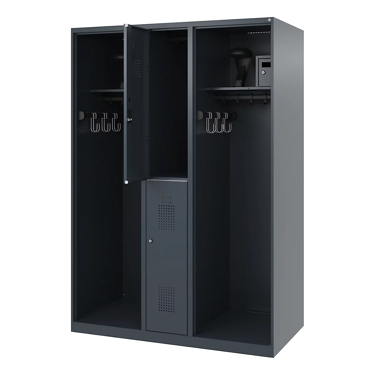 Brandweerkluis C+P Evolo Maxi, 4 vakken voor 2 personen, met helmhouder, vloerglijders, B 1300 x D 600 x H 1850 mm, RAL 7016 antracietgrijs
