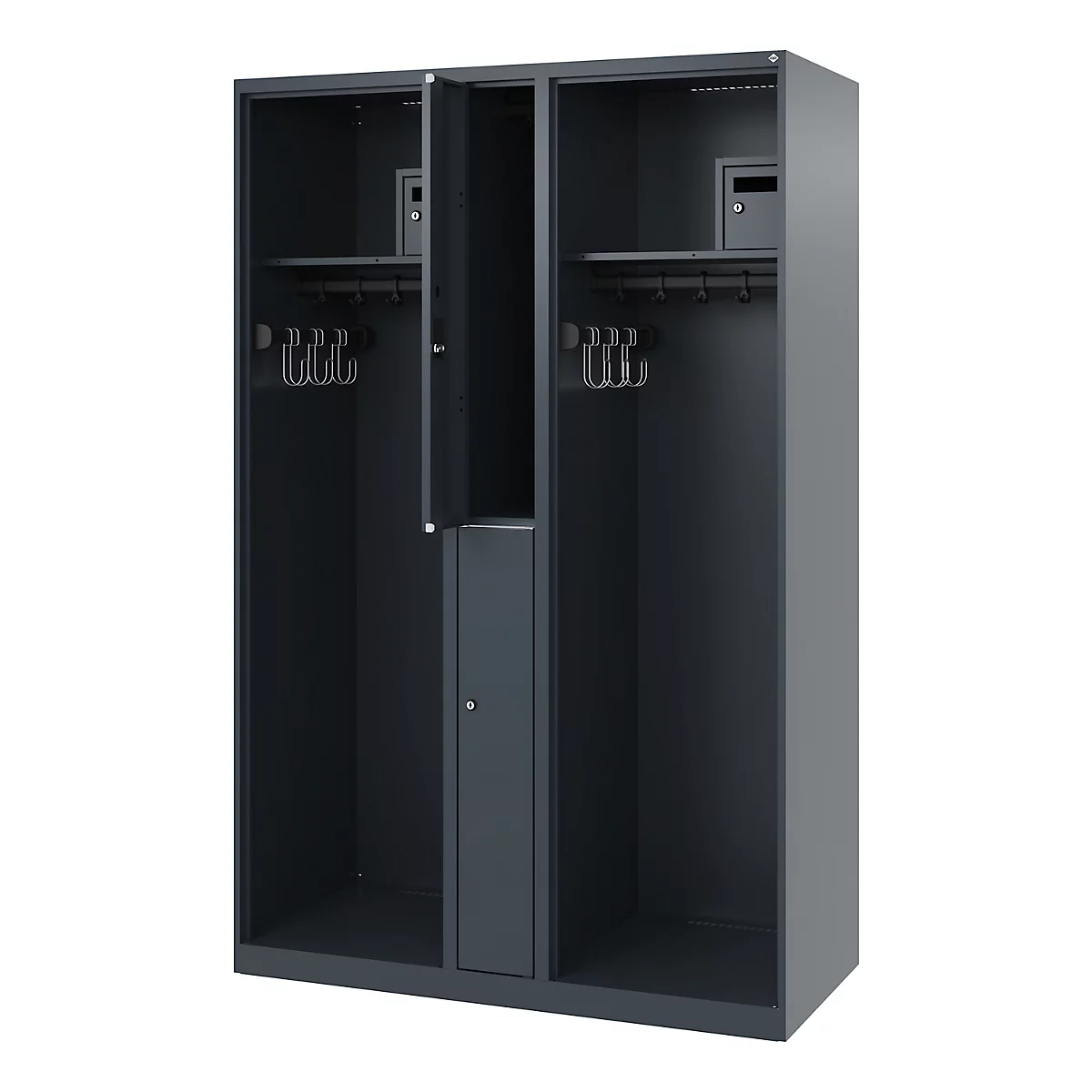 Brandweerkluis C+P Evolo Maxi, 4 vakken voor 2 personen, zonder helmhouder, vloerglijders, B 1200 x D 500 x H 1850 mm, RAL 7016 antracietgrijs
