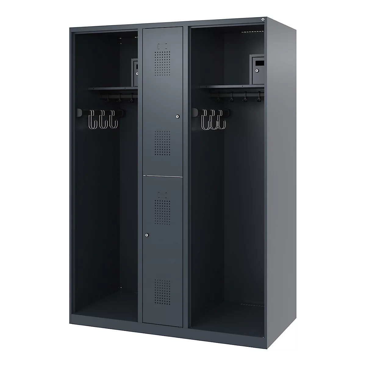 Brandweerkluis C+P Evolo Maxi, 4 vakken voor 2 personen, zonder helmhouder, vloerglijders, B 1300 x D 600 x H 1850 mm, RAL 7016 antracietgrijs