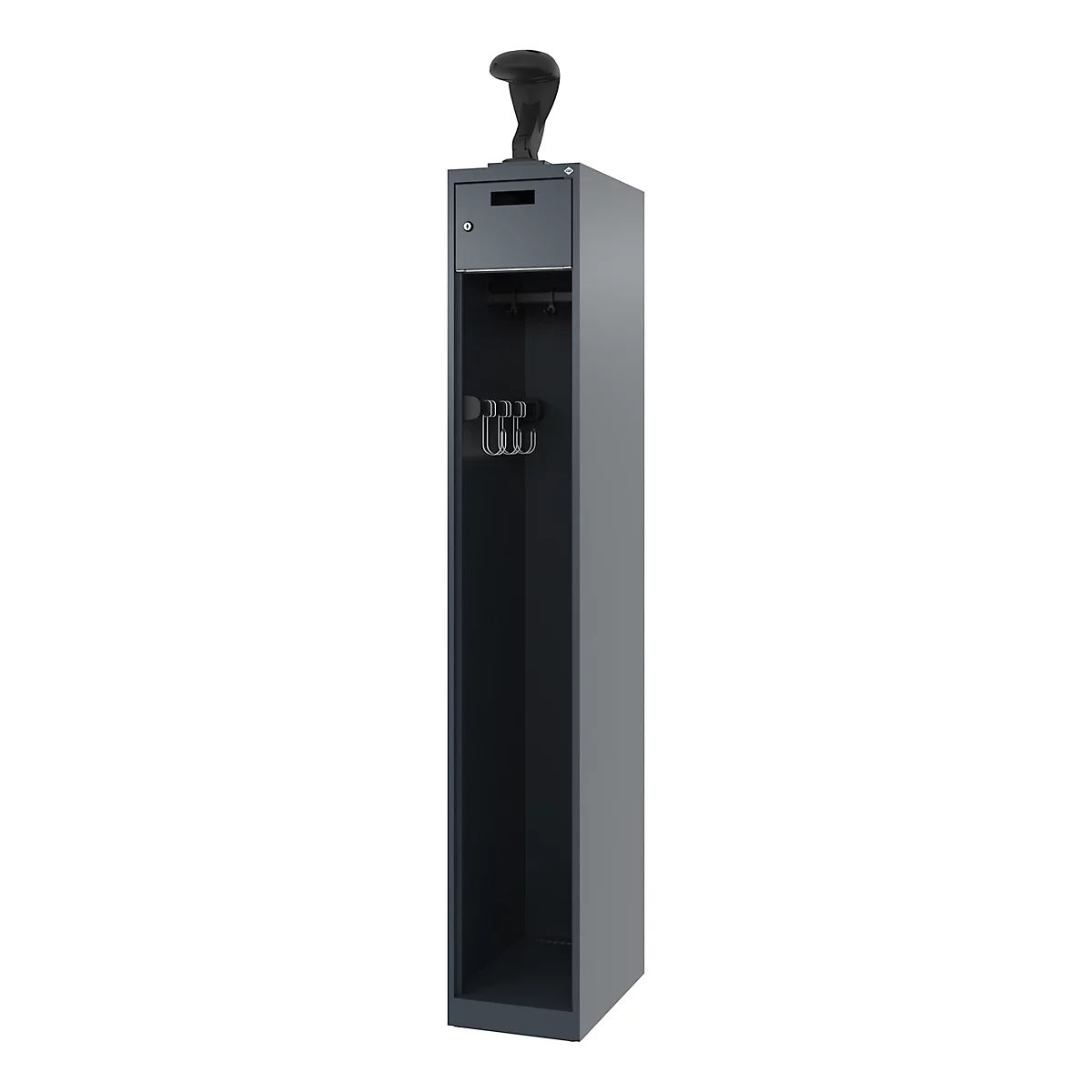 Brandweerkluis C+P Evolo PRAKTUS, 1 compartiment, helmhouder, met sokkel, vloerglijders, B 300 x D 500 x H 1850 mm, RAL 7016 antracietgrijs