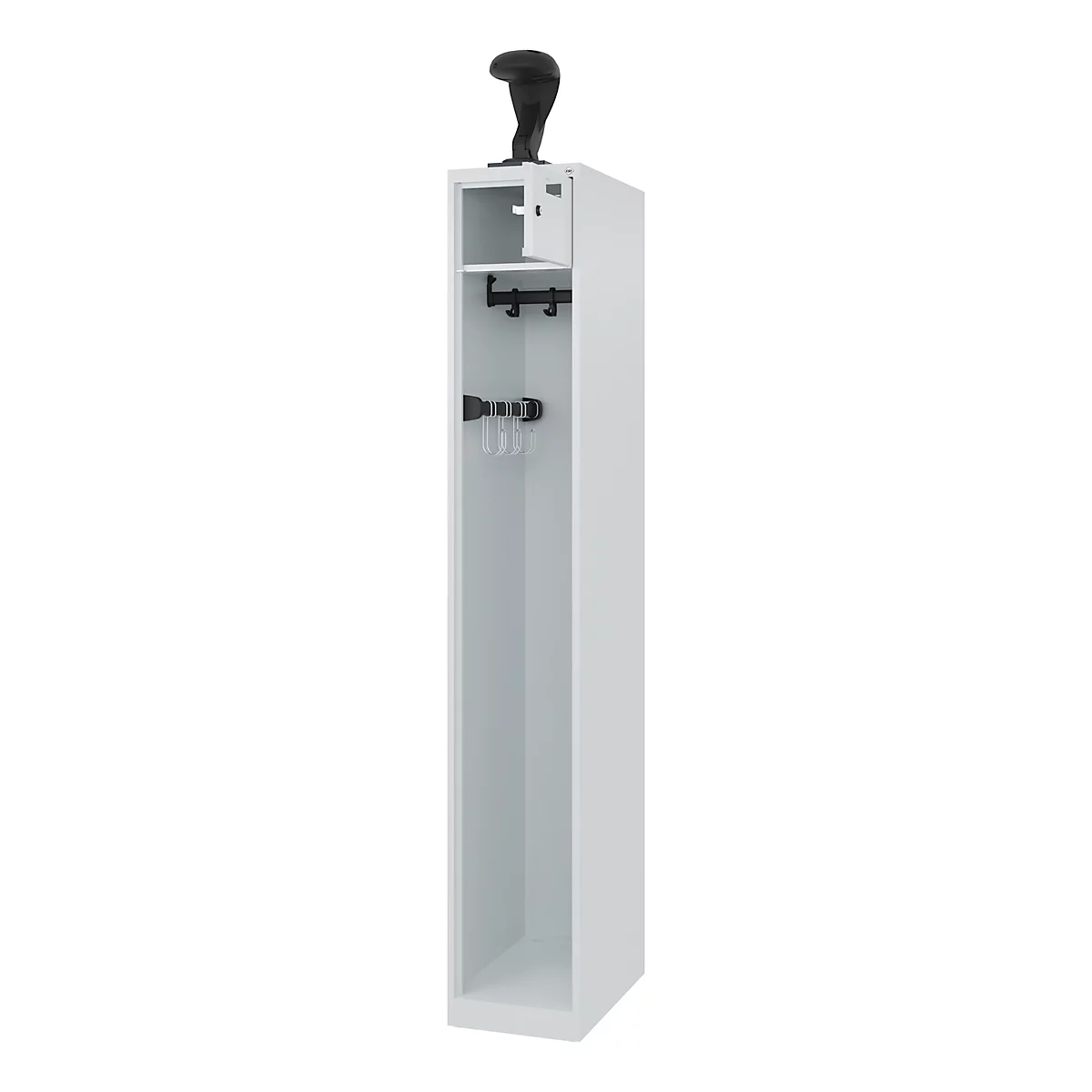 Brandweerkluis C+P Evolo PRAKTUS, 1 compartiment, helmhouder, met sokkel, vloerglijders, B 300 x D 500 x H 1850 mm, RAL 7035 lichtgrijs