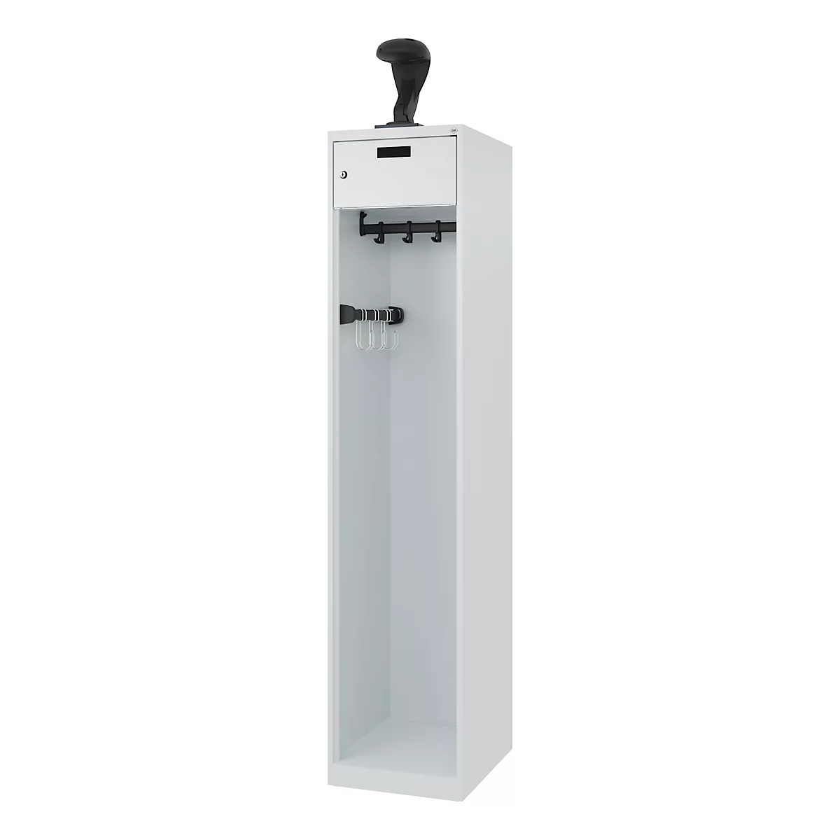 Brandweerkluis C+P Evolo PRAKTUS, 1 compartiment, helmhouder, met sokkel, vloerglijders, B 400 x D 500 x H 1850 mm, RAL 7035 lichtgrijs