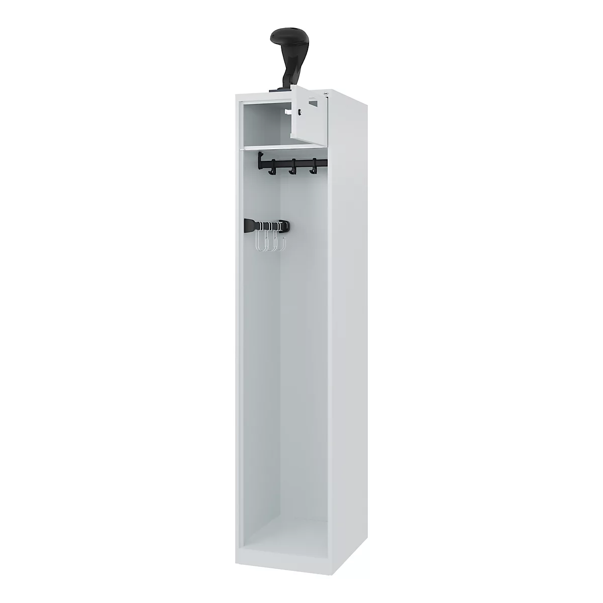 Brandweerkluis C+P Evolo PRAKTUS, 1 compartiment, helmhouder, met sokkel, vloerglijders, B 400 x D 500 x H 1850 mm, RAL 7035 lichtgrijs