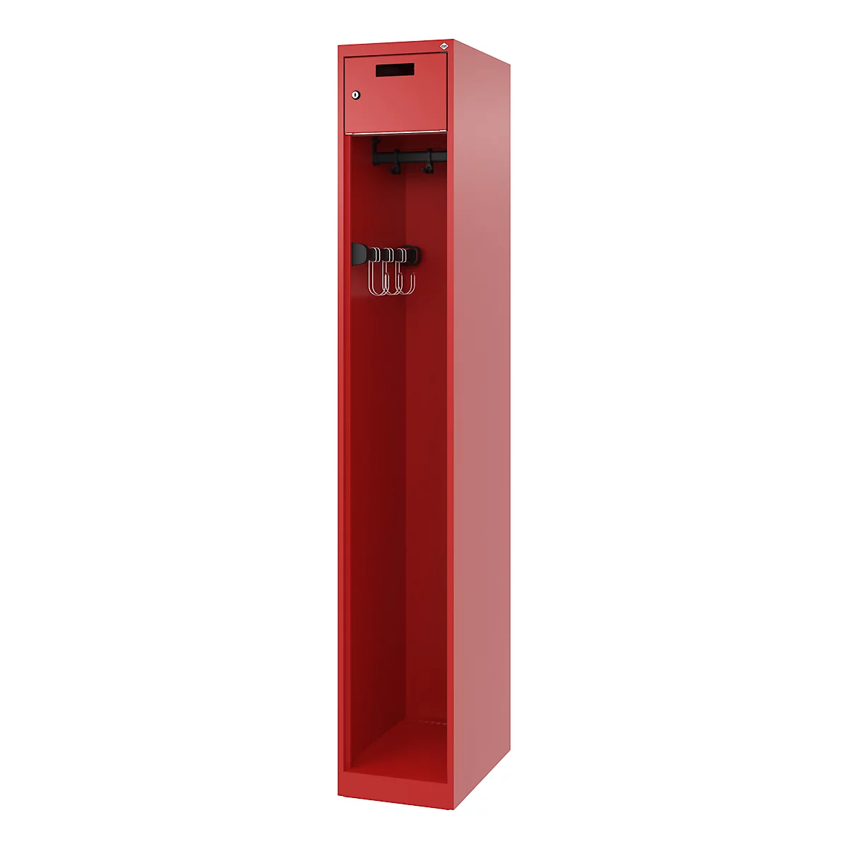Brandweerkluis C+P Evolo PRAKTUS, 1 compartiment, met sokkel, vloerglijders, B 300 x D 500 x H 1850 mm, RAL 3000 vuurrood