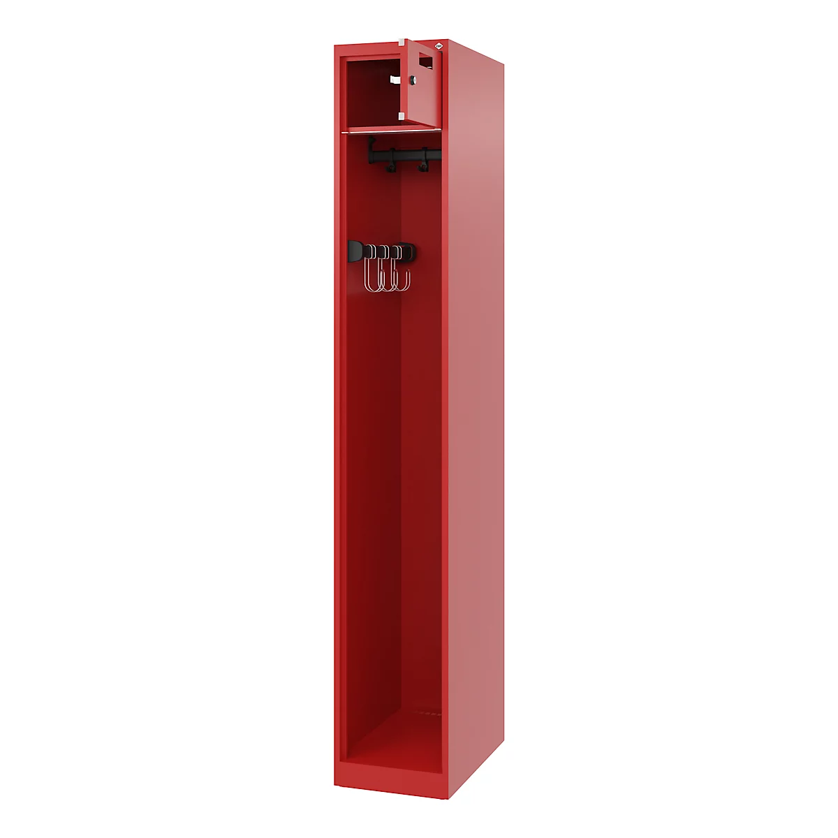 Brandweerkluis C+P Evolo PRAKTUS, 1 compartiment, met sokkel, vloerglijders, B 300 x D 500 x H 1850 mm, RAL 3000 vuurrood