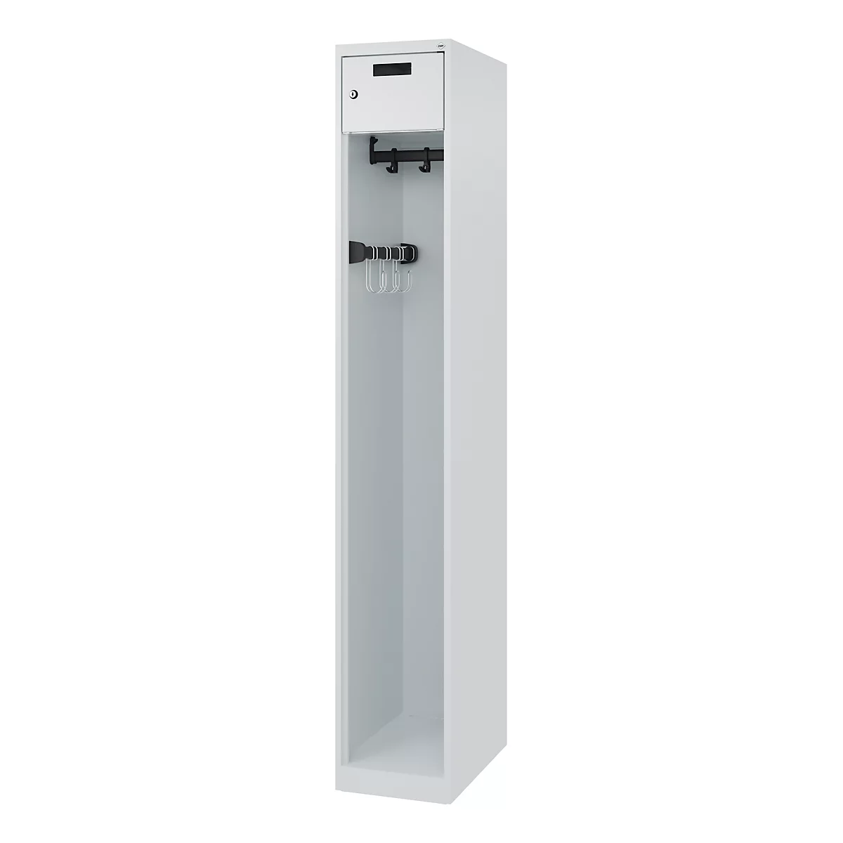Brandweerkluis C+P Evolo PRAKTUS, 1 compartiment, met sokkel, vloerglijders, B 300 x D 500 x H 1850 mm, RAL 7035 lichtgrijs