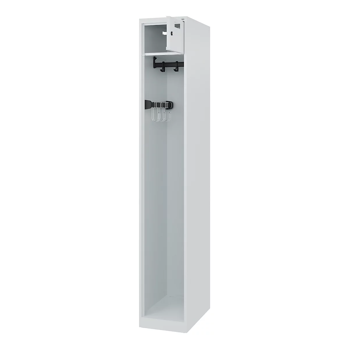 Brandweerkluis C+P Evolo PRAKTUS, 1 compartiment, met sokkel, vloerglijders, B 300 x D 500 x H 1850 mm, RAL 7035 lichtgrijs