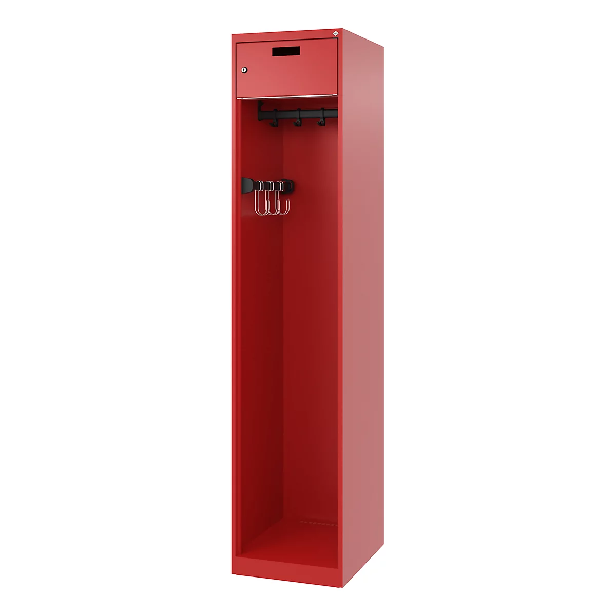 Brandweerkluis C+P Evolo PRAKTUS, 1 compartiment, met sokkel, vloerglijders, B 400 x D 500 x H 1850 mm, RAL 3000 vuurrood