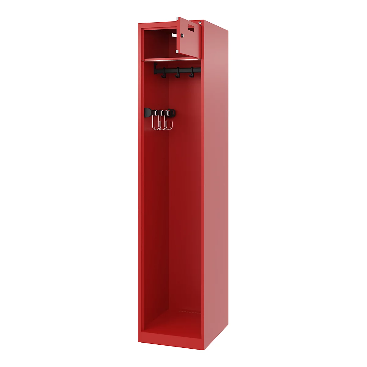 Brandweerkluis C+P Evolo PRAKTUS, 1 compartiment, met sokkel, vloerglijders, B 400 x D 500 x H 1850 mm, RAL 3000 vuurrood