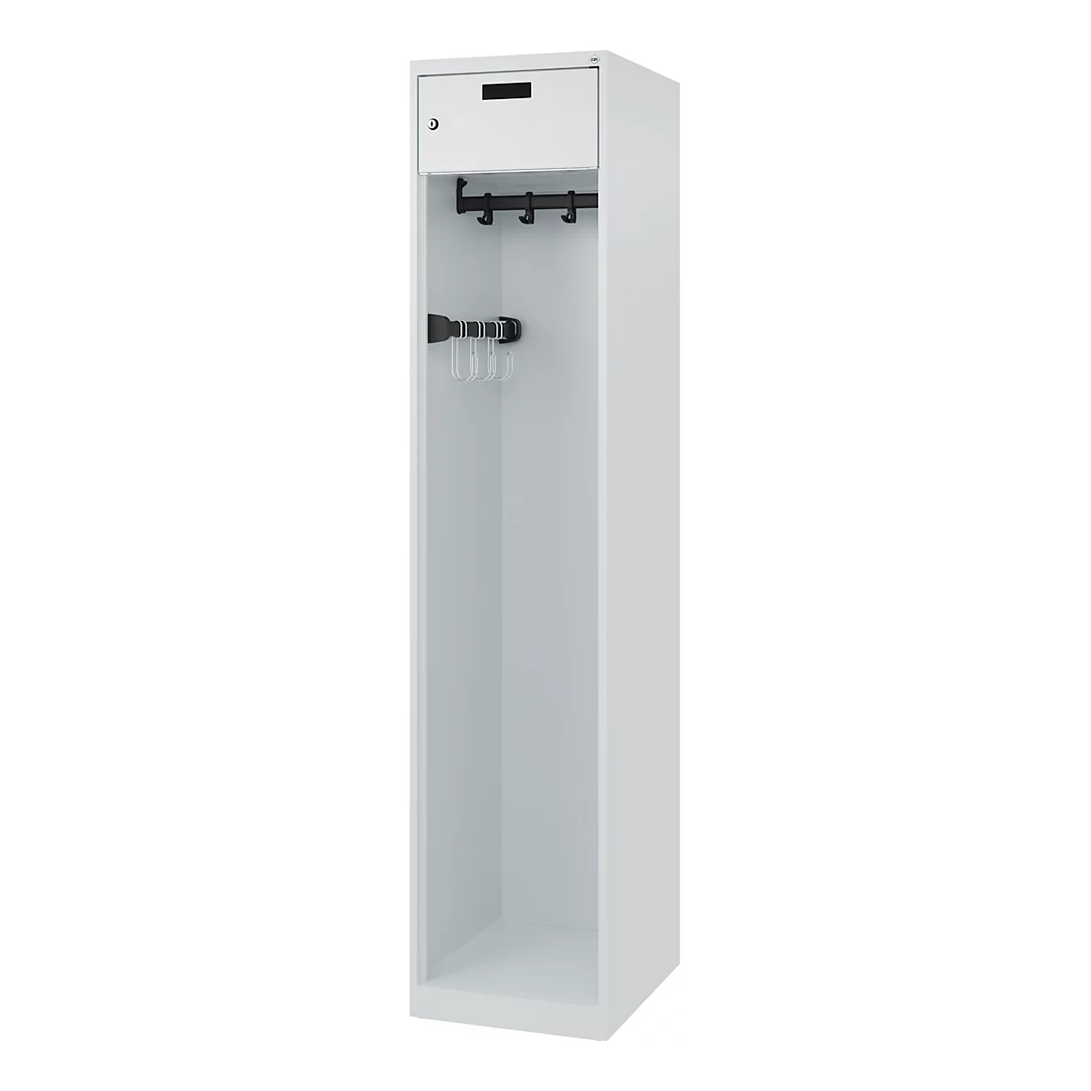 Brandweerkluis C+P Evolo PRAKTUS, 1 compartiment, met sokkel, vloerglijders, B 400 x D 500 x H 1850 mm, RAL 7035 lichtgrijs