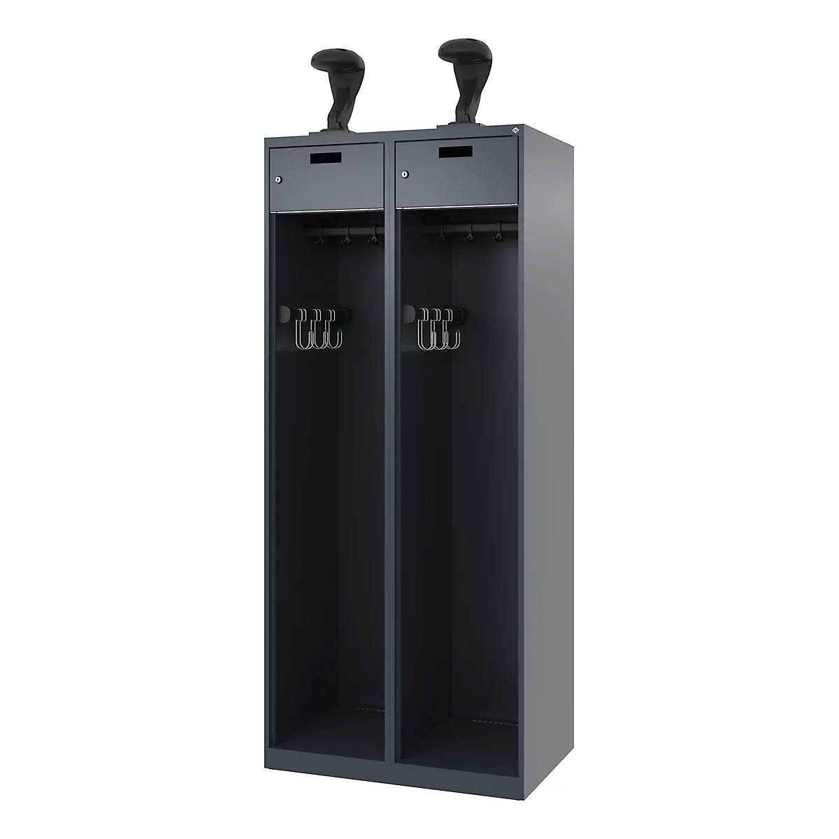 Brandweerkluis C+P Evolo PRAKTUS, 2 vakken, helmhouder, met sokkel, vloerglijders, B 800 x D 500 x H 1850 mm, RAL 7016 antracietgrijs