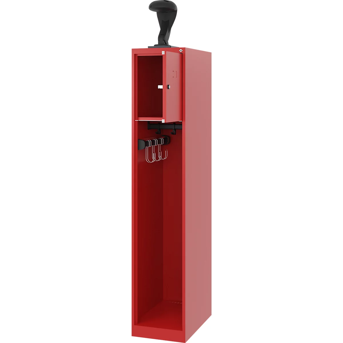 Brandweerkluis C+P Evolo Youngster, 1 compartiment, met helmhouder, vloerglijders, B 300 x D 500 x H 1530 mm, RAL 3000 vuurrood