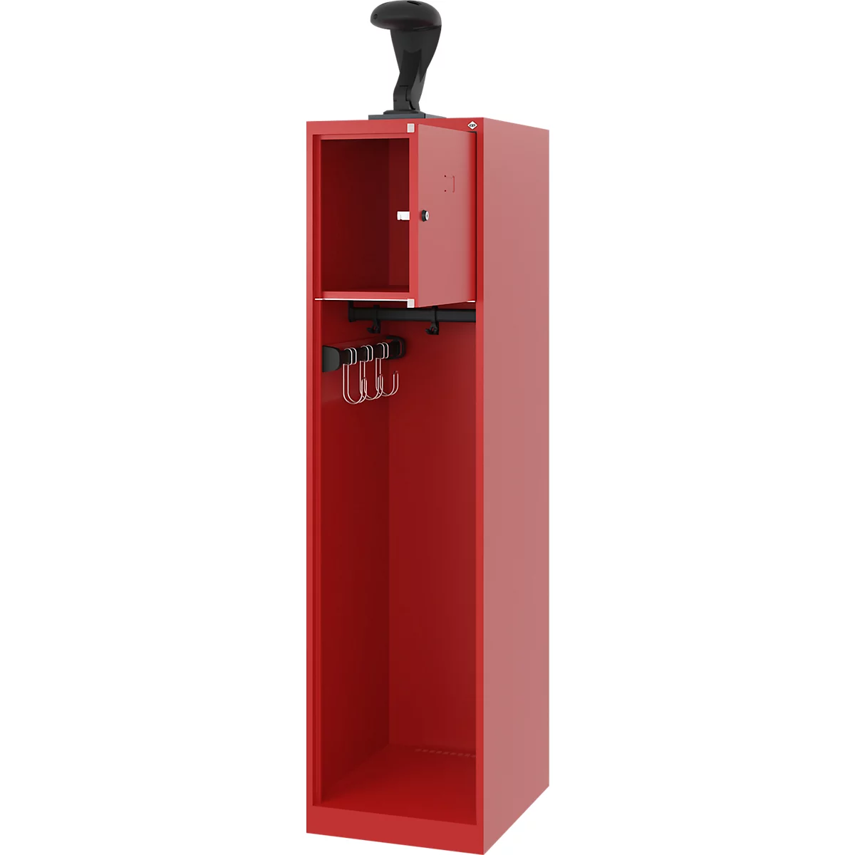 Brandweerkluis C+P Evolo Youngster, 1 compartiment, met helmhouder, vloerglijders, B 400 x D 500 x H 1530 mm, RAL 3000 vuurrood