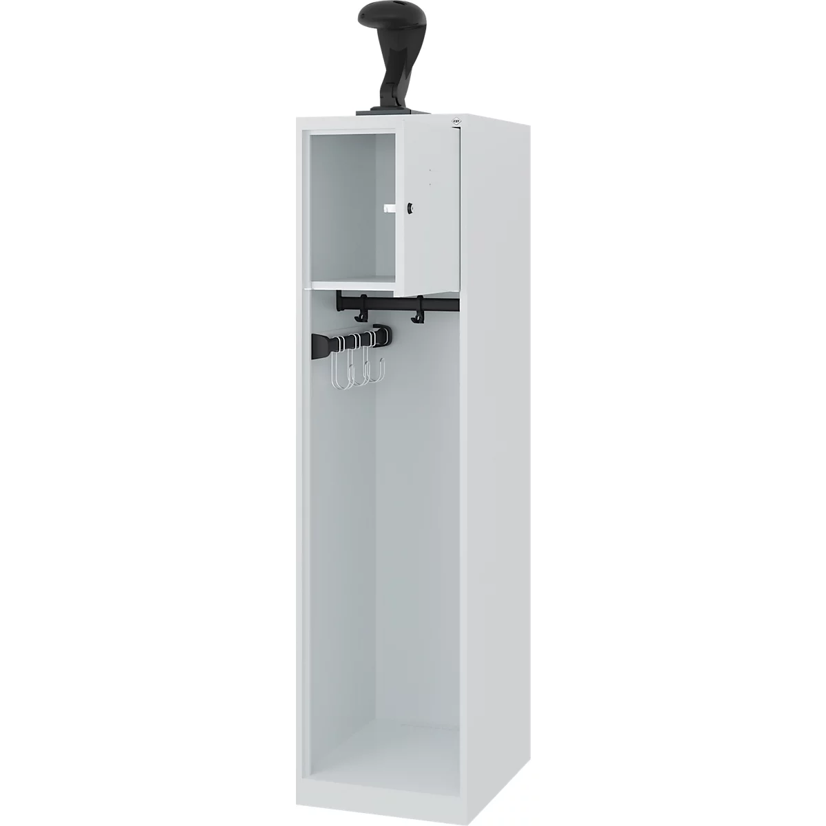 Brandweerkluis C+P Evolo Youngster, 1 vak, met helmhouder, vloerglijders, B 400 x D 500 x H 1530 mm, RAL 7035 lichtgrijs