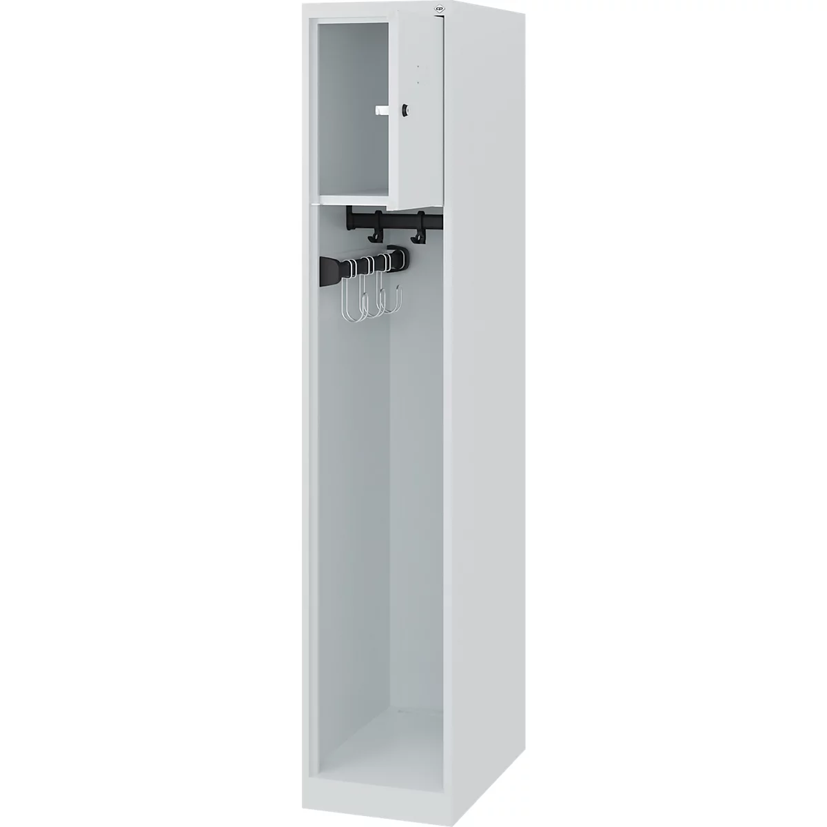Brandweerkluis C+P Evolo Youngster, 1 vak, zonder helmhouder, vloerglijders, B 300 x D 500 x H 1530 mm, RAL 7035 lichtgrijs