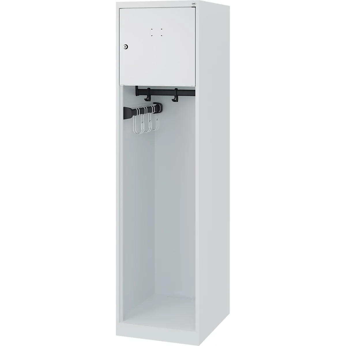 Brandweerkluis C+P Evolo Youngster, 1 vak, zonder helmhouder, vloerglijders, B 400 x D 500 x H 1530 mm, RAL 7035 lichtgrijs