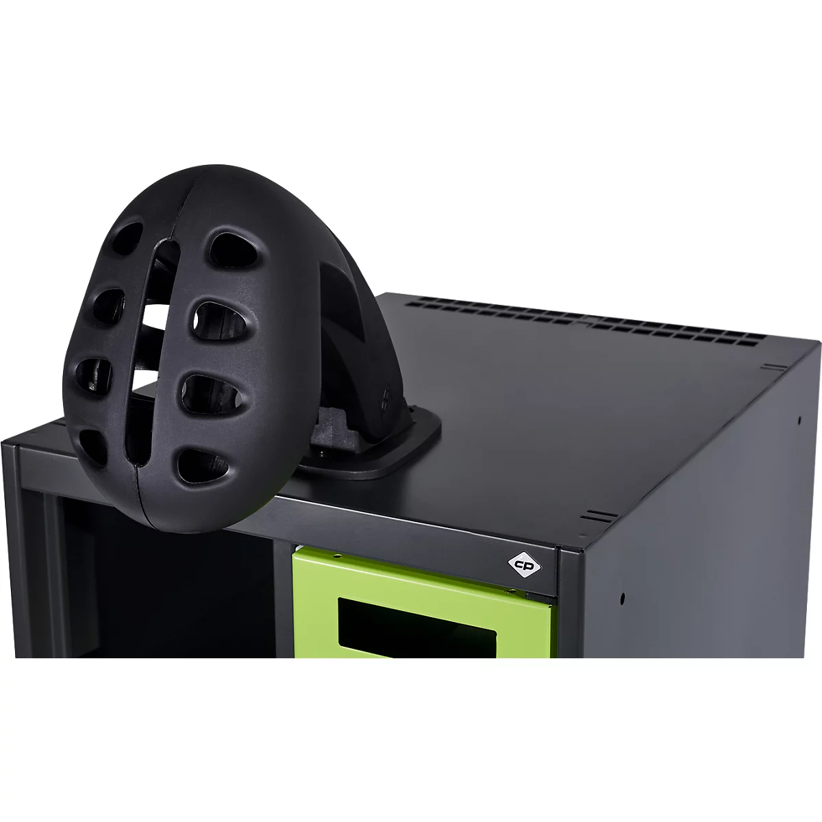 Brandweerkluis C+P Evolo Youngster, 2 vakken, met helmhouder, met sokkel, B 600 x D 500 x H 1630 mm, RAL 7035 lichtgrijs/RAL 7016 antracietgrijs