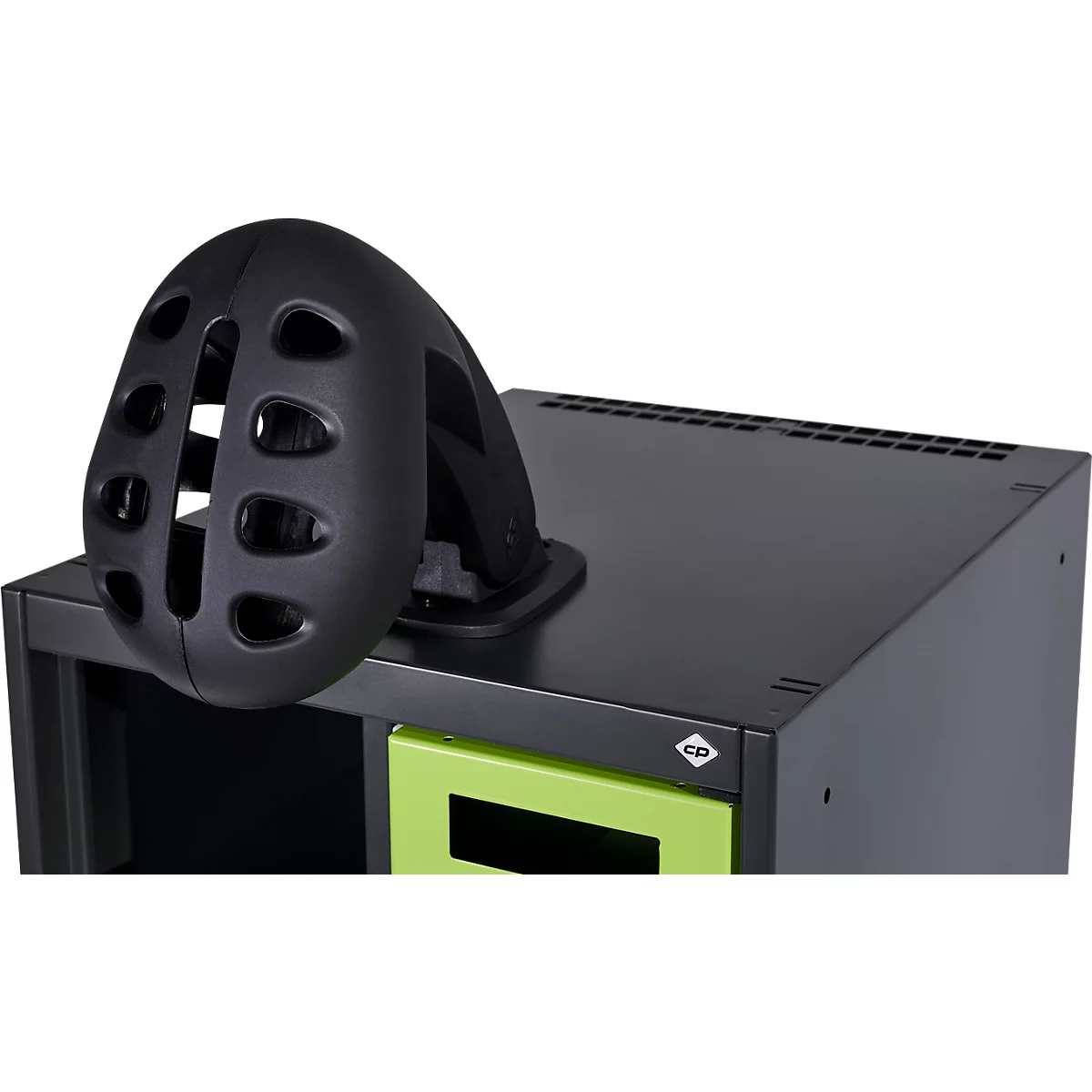Brandweerkluis C+P Evolo Youngster, 2 vakken, met helmhouder, vloerglijders, B 600 x D 500 x H 1530 mm, RAL 3000 vuurrood