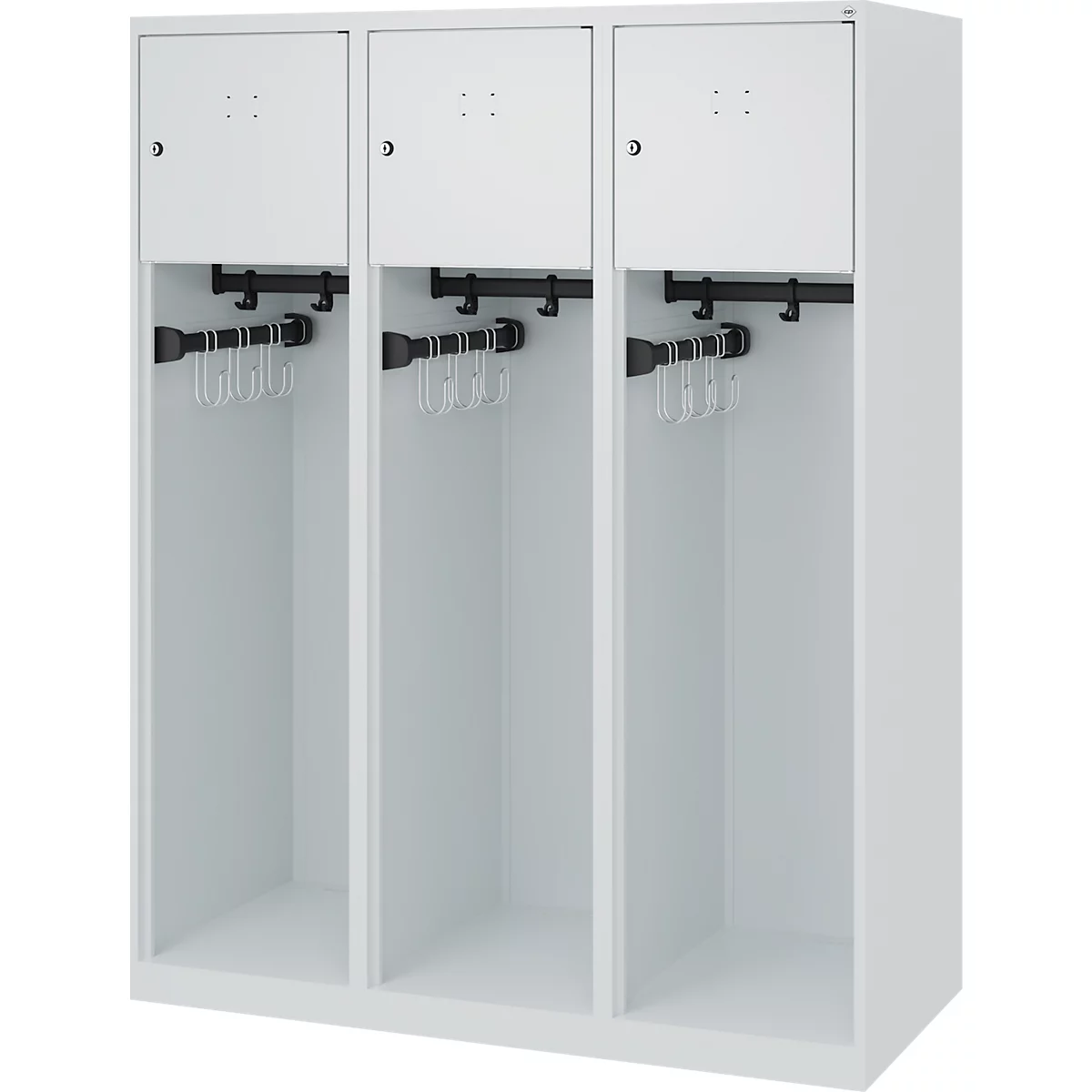 Brandweerkluis C+P Evolo Youngster, 3 vakken, zonder helmhouder, vloerglijders, B 1200 x D 500 x H 1530 mm, RAL 7035 lichtgrijs
