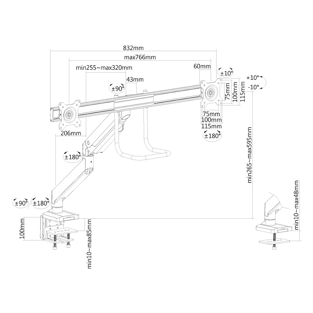 Bras double pour écrans NM-D775DXBLACK NewStar, fixation sur table, jusqu'à 32', inclinable/rotatif/pivotant, avec poignée