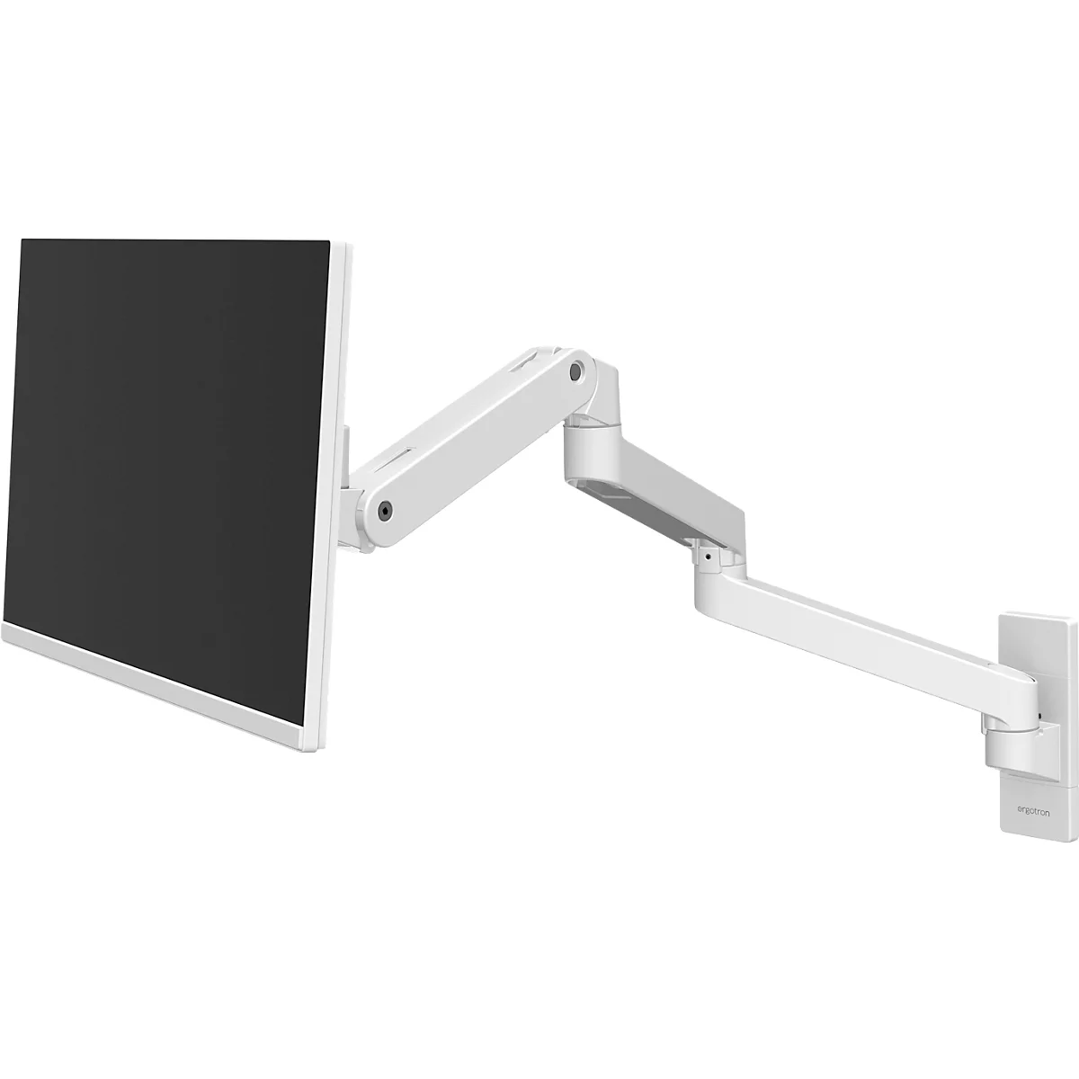 Bras de moniteur blanc avec un écran noir fixé, monté sur un mur.
