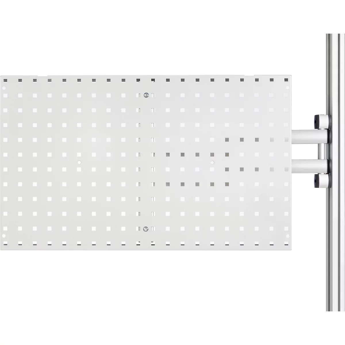 Tableau blanc rectangulaire avec des découpes carrées, fixé à un poteau argenté. Des supports argentés sont visibles à gauche.
