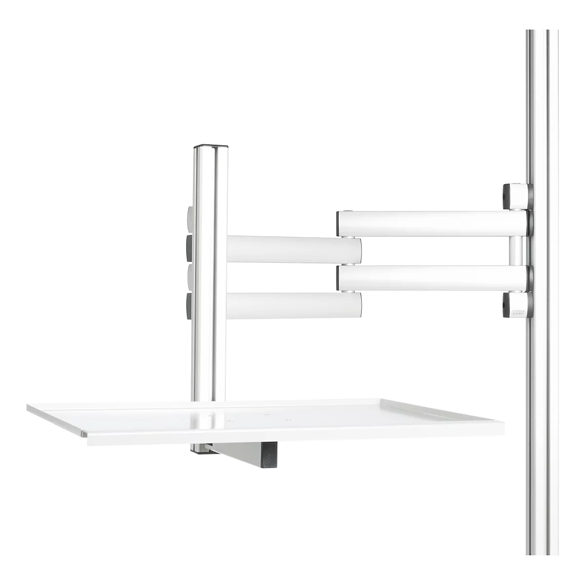Support blanc brillant avec une étagère et une construction de bras extensible, fixée à un support vertical.