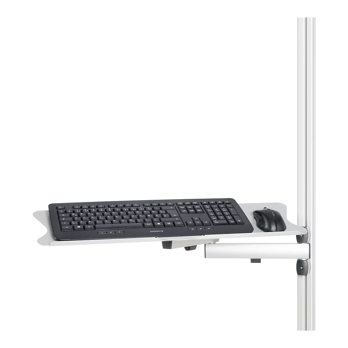 Clavier et souris noirs sur un support blanc fixé à un support blanc.