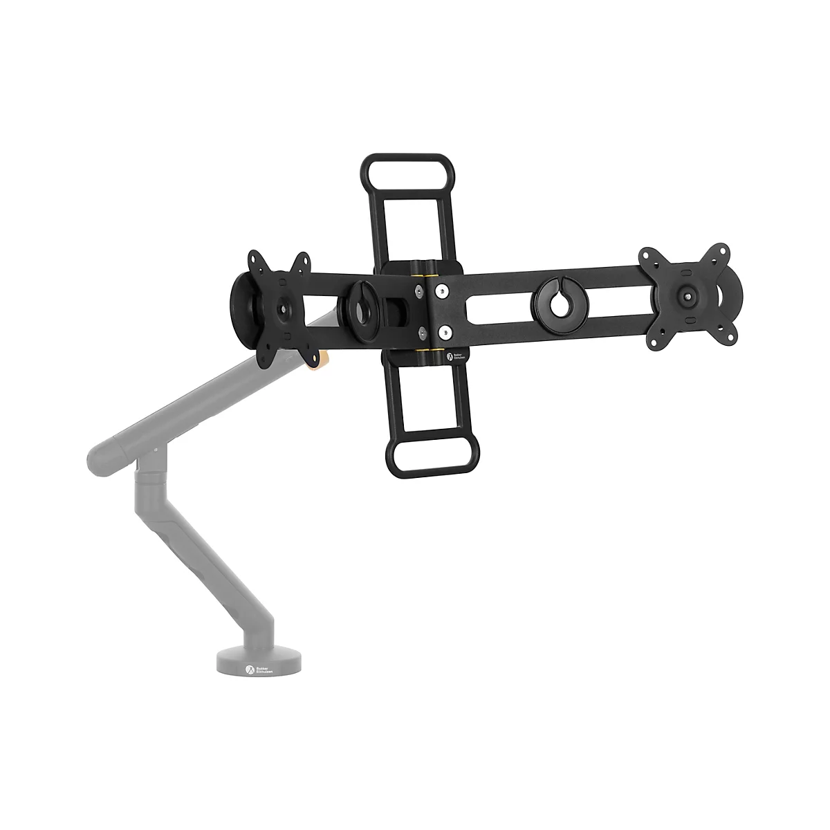 Support de moniteur noir fixé à un bras gris. Le support comporte quatre points de fixation.