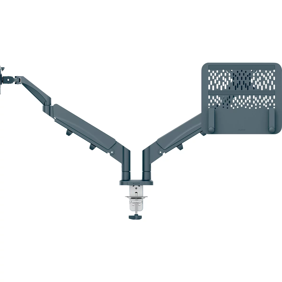 Bras pour écran d'ordinateur portable Leitz Ergo Dual, pour 2 écrans jusqu'à 32' &amp; ordinateurs portables jusqu'à 17', pivotant et inclinable, réglable en hauteur, passage de câbles, VESA, gris foncé
