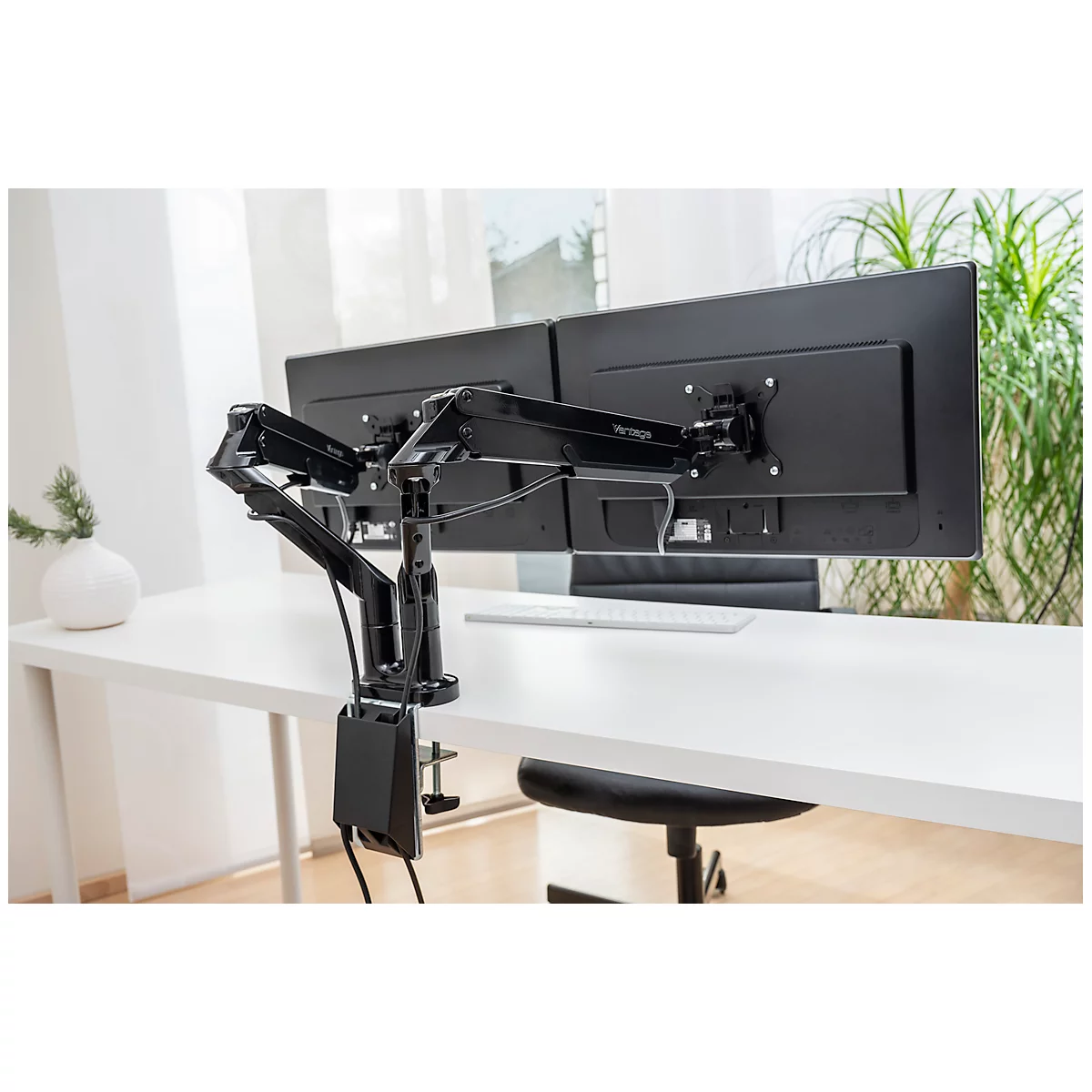Bras pour écran double Vantage Premium, jusqu'à 36 pouces par bras, jusqu'à 2-9 kg par écran, réglable en hauteur/profondeur, fonction d'inclinaison, VESA, noir