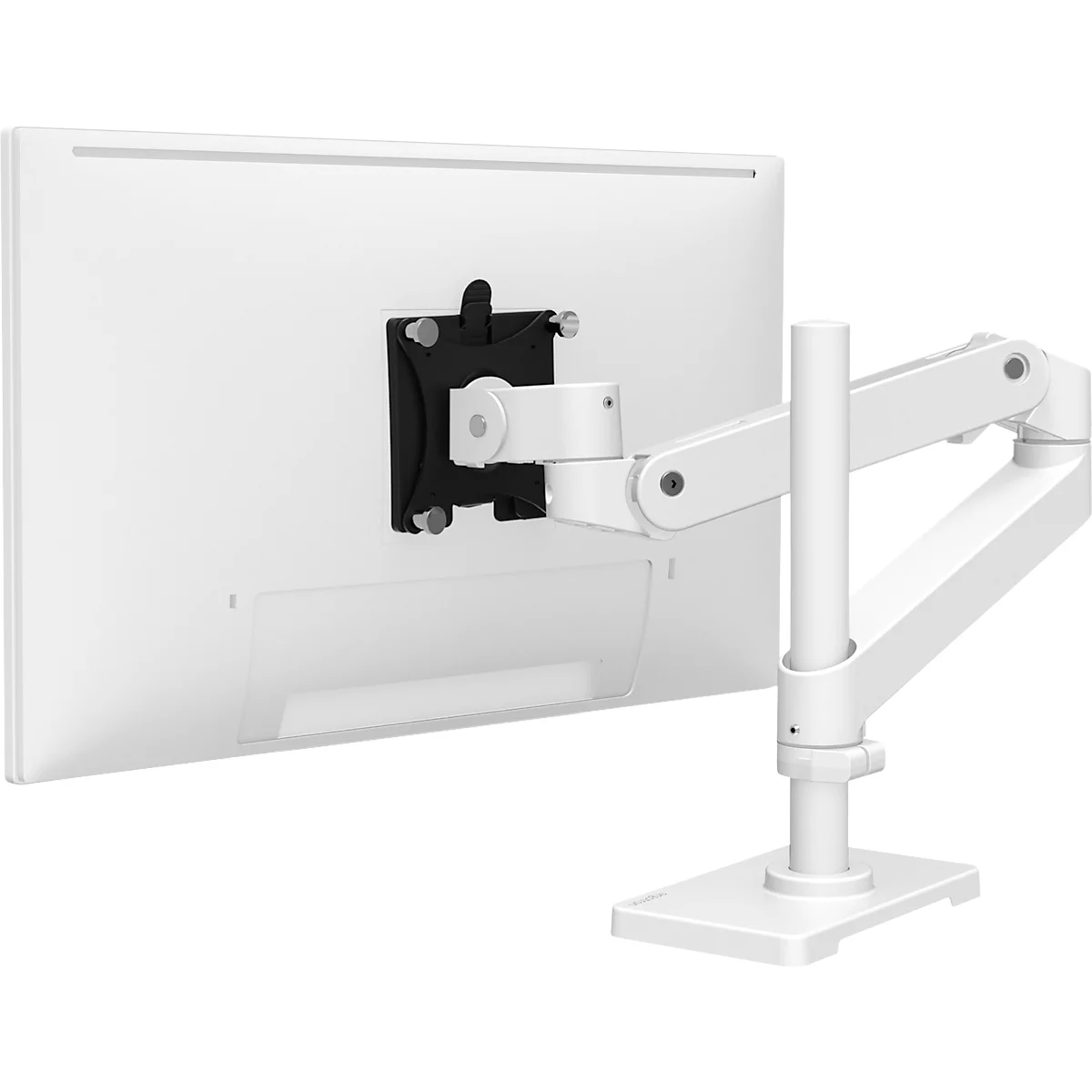 Moniteur blanc avec support noir et bras de moniteur blanc reposant sur une base blanche.