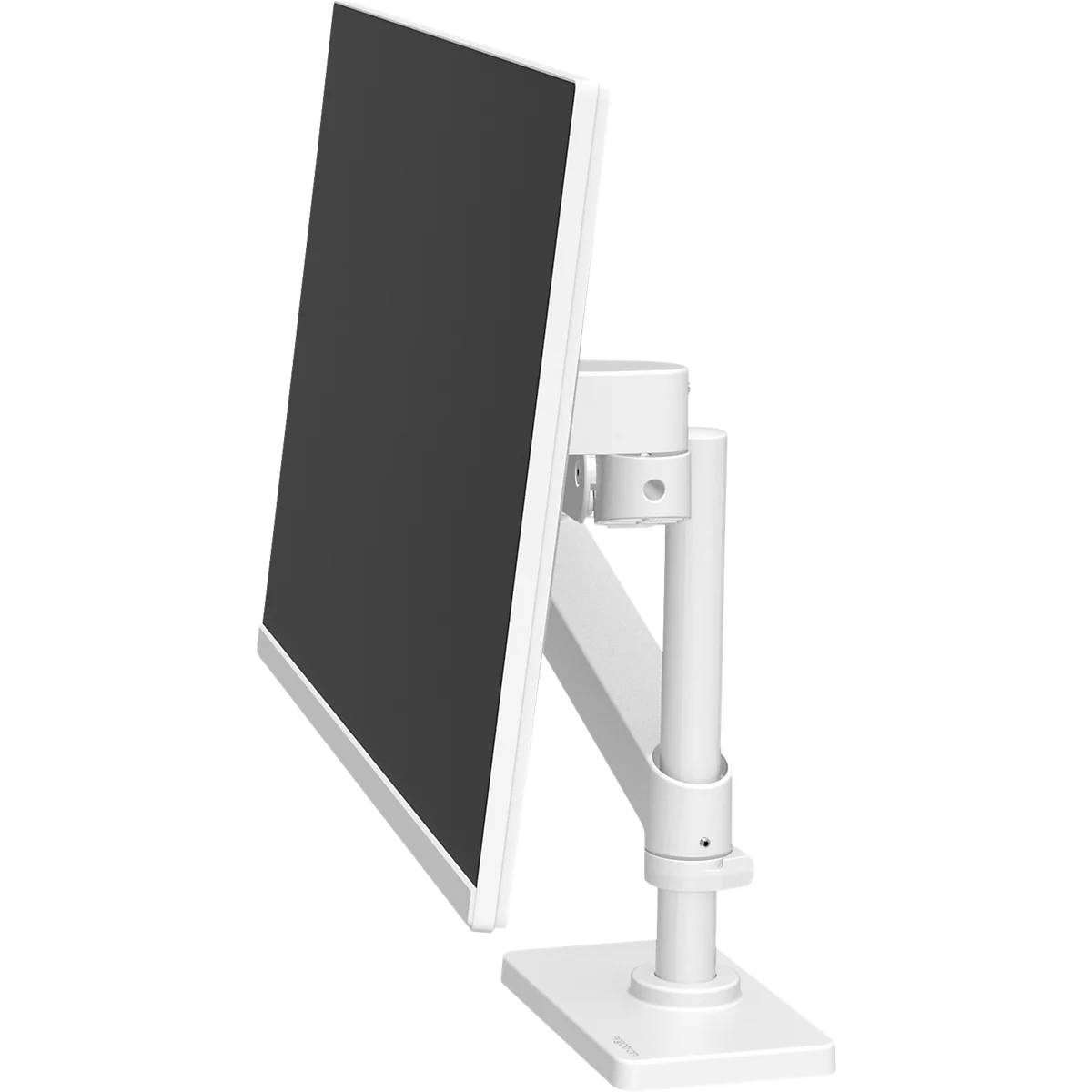 Moniteur blanc fixé à un bras ergonomique blanc, vu de côté.