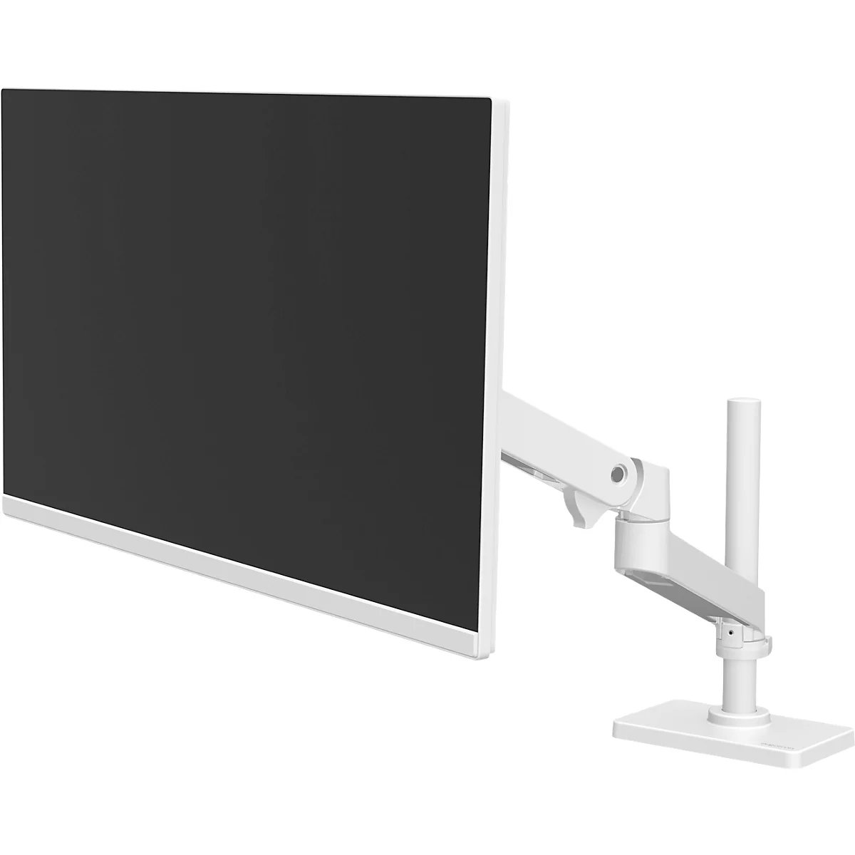 Moniteur blanc avec support. L'écran est noir et entouré d'un cadre blanc.
