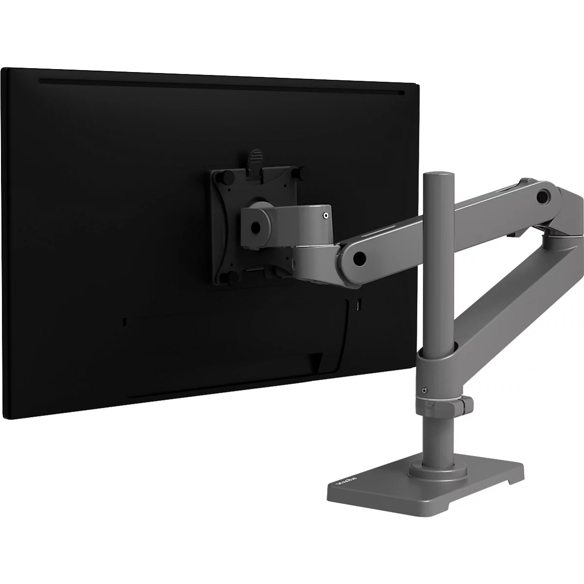 Un moniteur gris avec un support auquel est fixé un bras gris.