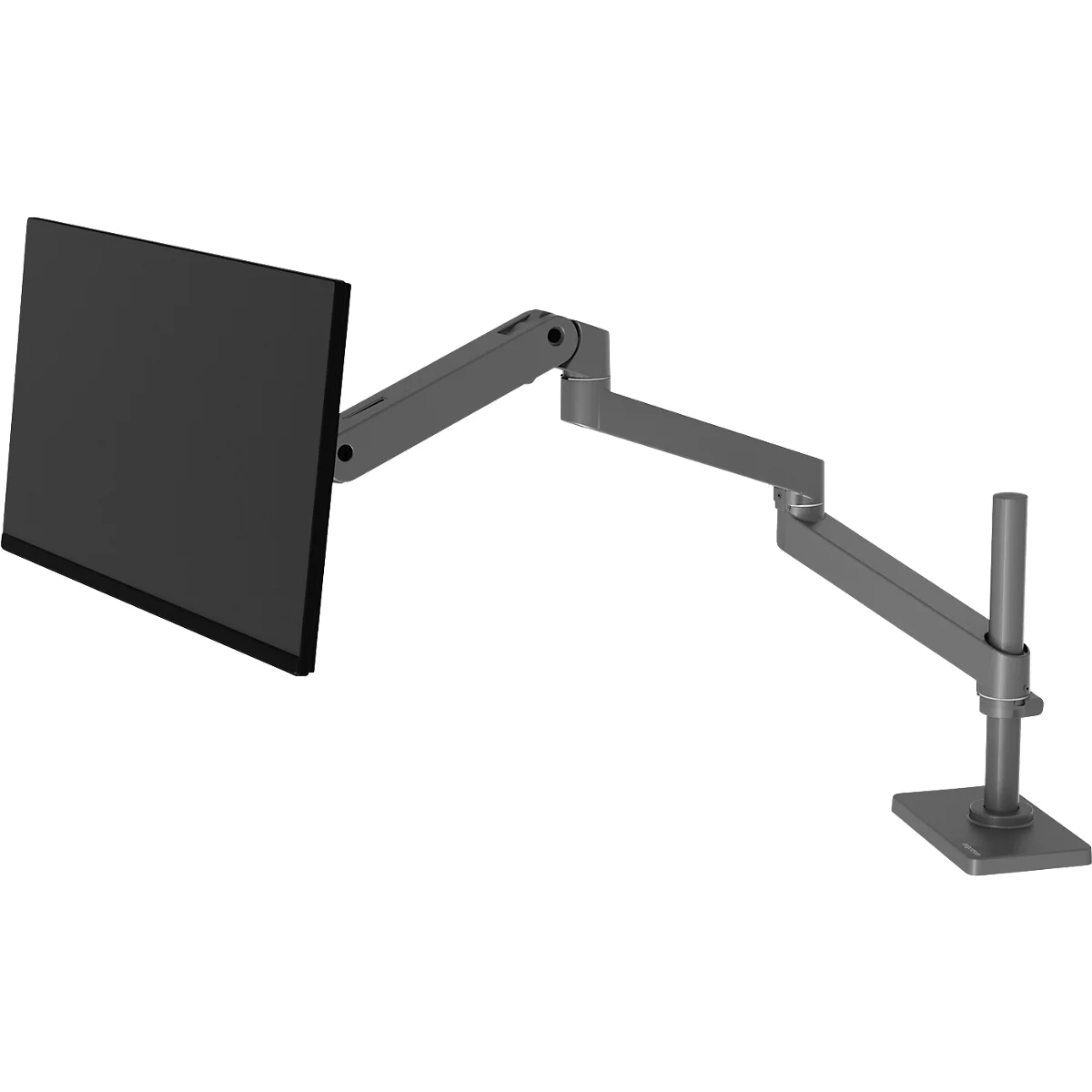 Bras de moniteur gris tenant un écran noir. Il repose sur une base rectangulaire.