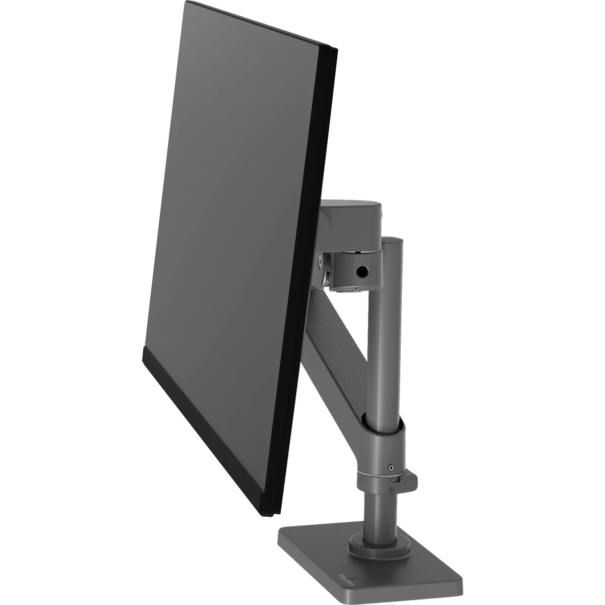 Moniteur gris, pris de côté, fixé à un support.