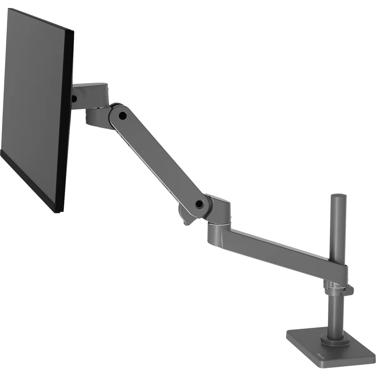 Bras de moniteur gris avec écran fixé. Le bras est composé de plusieurs maillons et est monté sur un pied carré.