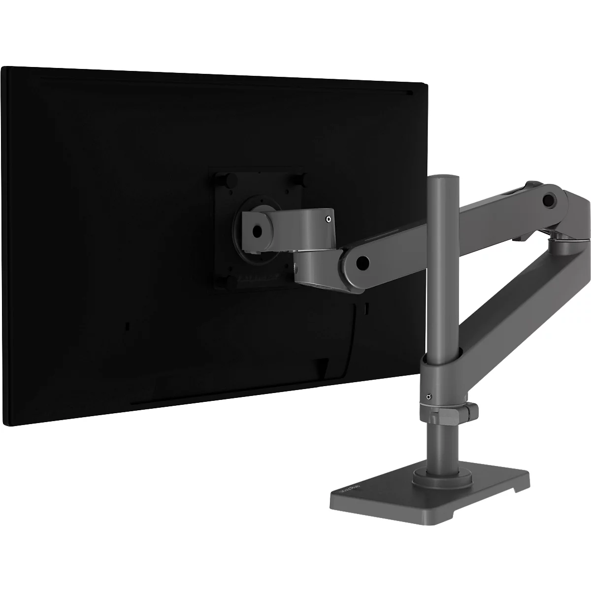Moniteur sur un bras de moniteur argenté. Le moniteur est noir et le bras est fixé à une base.
