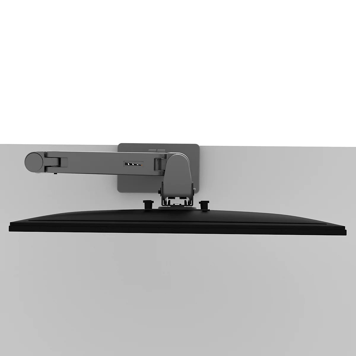 Un moniteur est suspendu à un support gris sur un fond blanc.