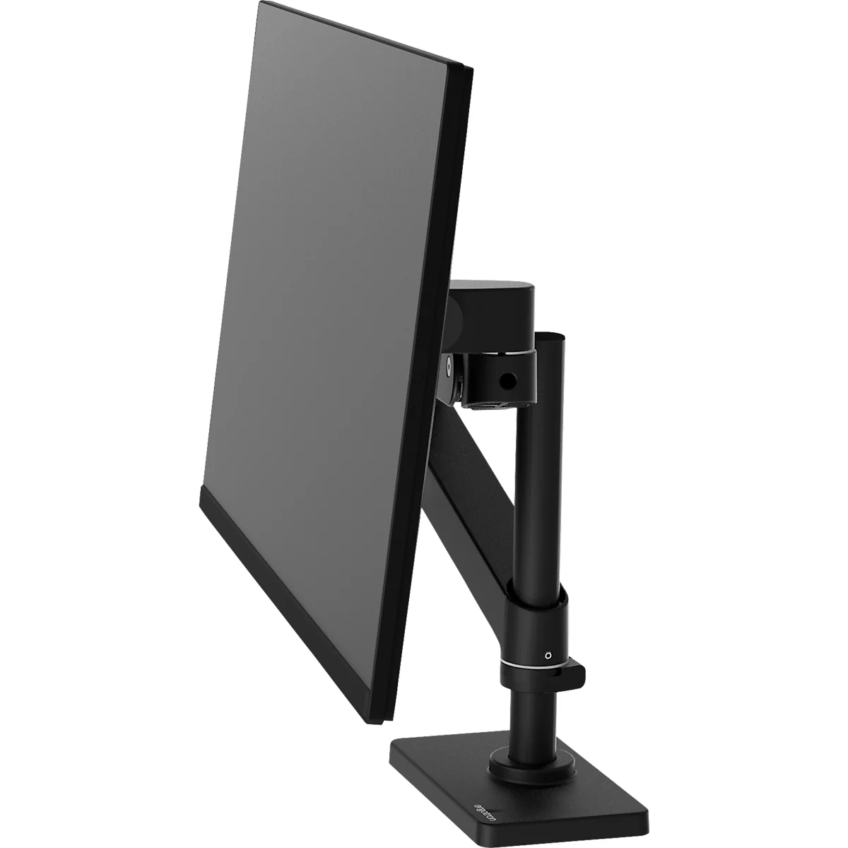 Moniteur noir sur un bras flexible, vue latérale. L'écran est légèrement incliné.