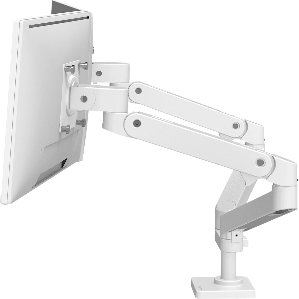 Moniteur blanc sur un bras de moniteur blanc et mobile, posé sur une base.