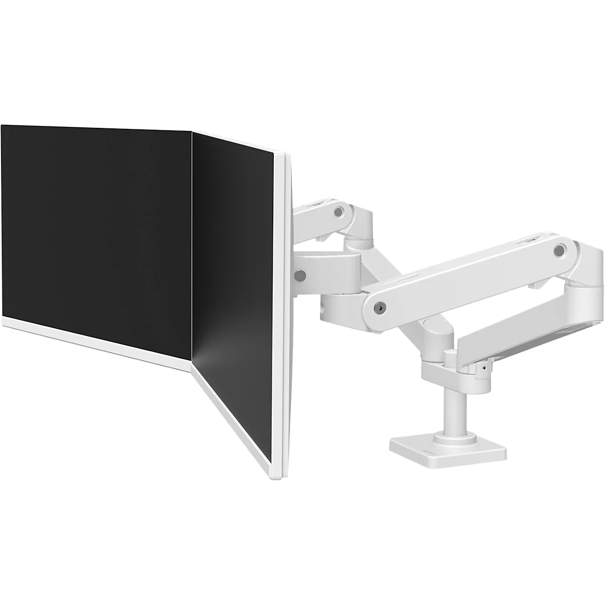 Bras de moniteur blanc avec deux écrans noirs.