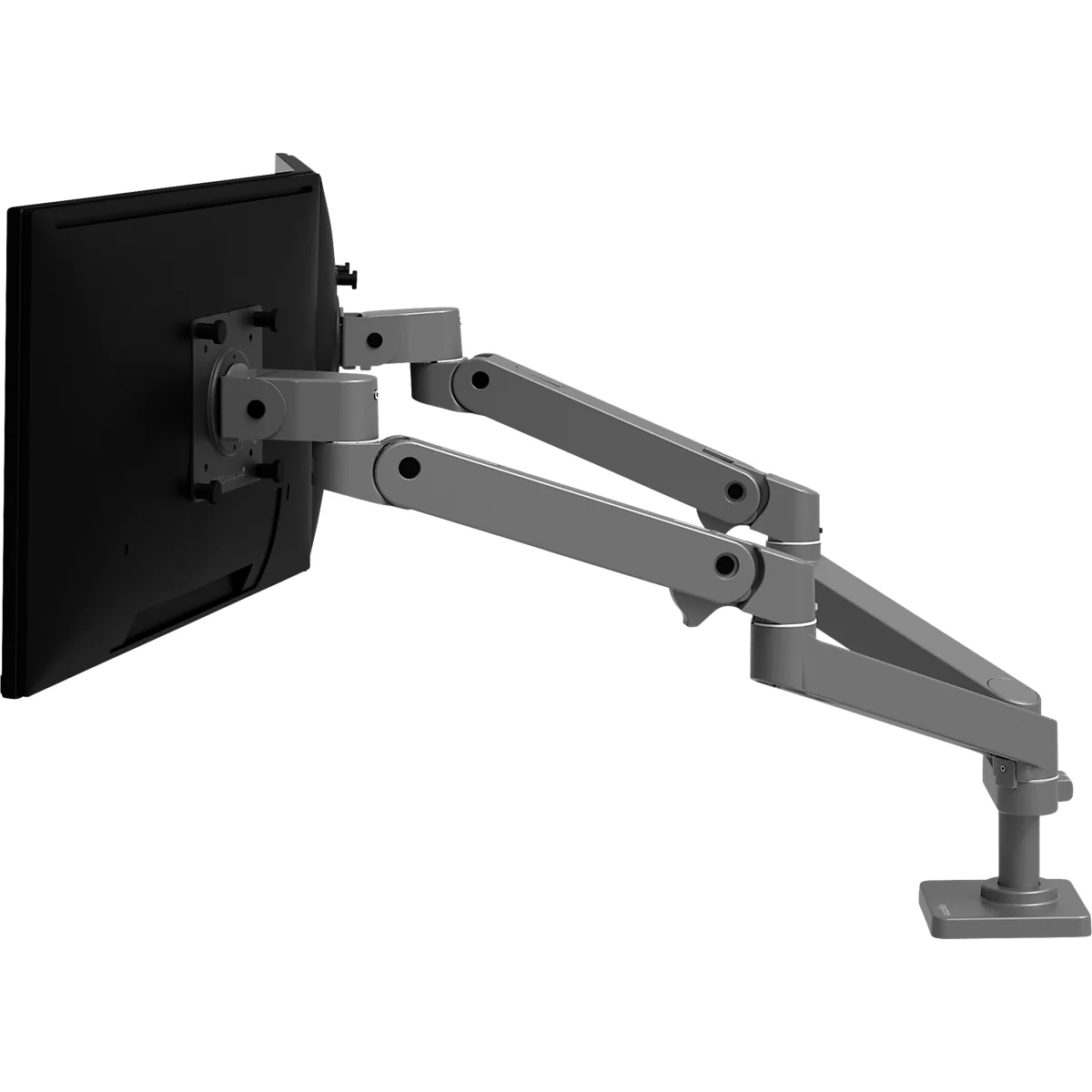 Un moniteur monté sur un support gris et articulé avec plusieurs articulations. Le moniteur est noir.