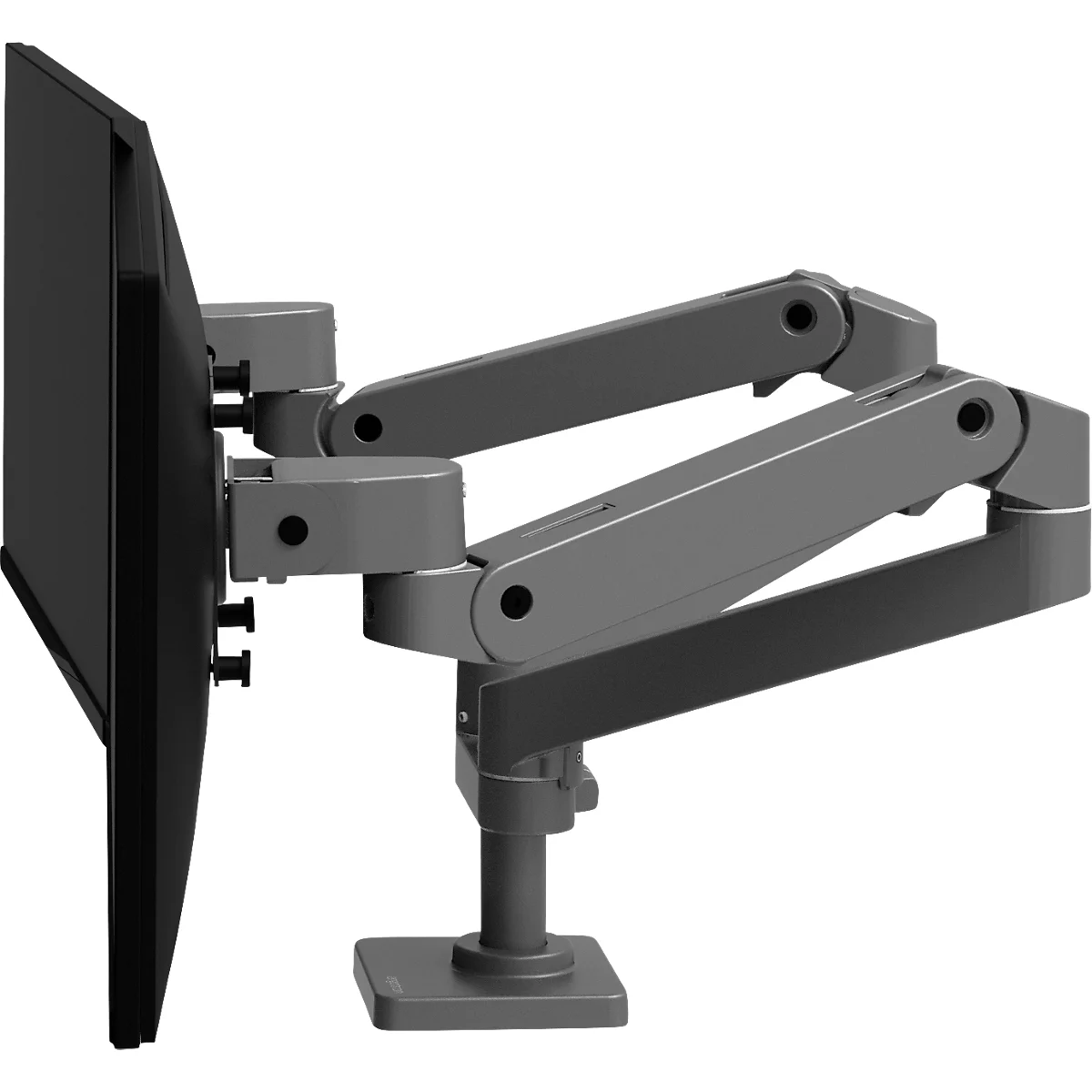 Bras de moniteur gris tenant un écran noir. Le bras est à plusieurs articulations et fixé à une colonne.