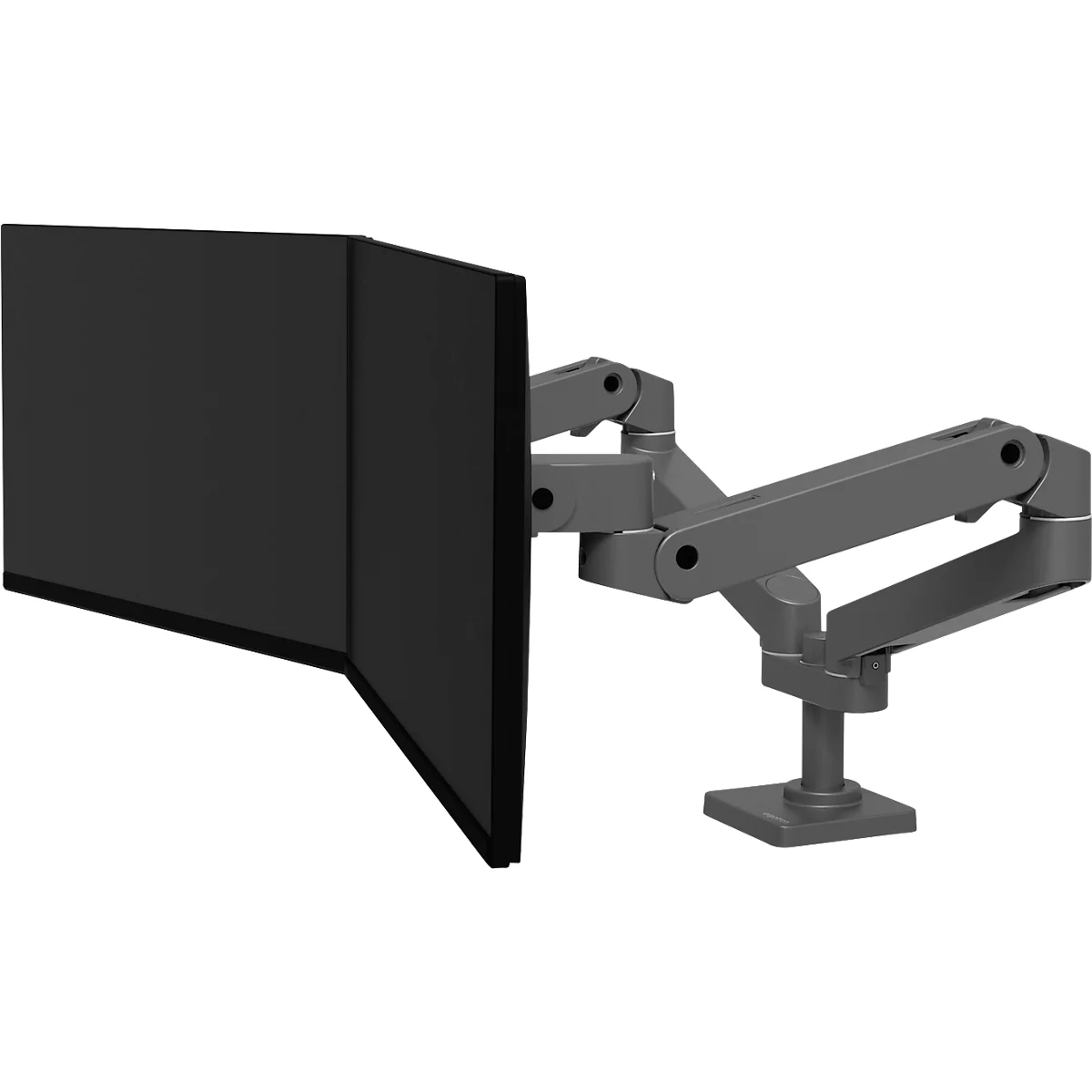 Support double moniteur, gris. Les moniteurs sont noirs et légèrement inclinés.