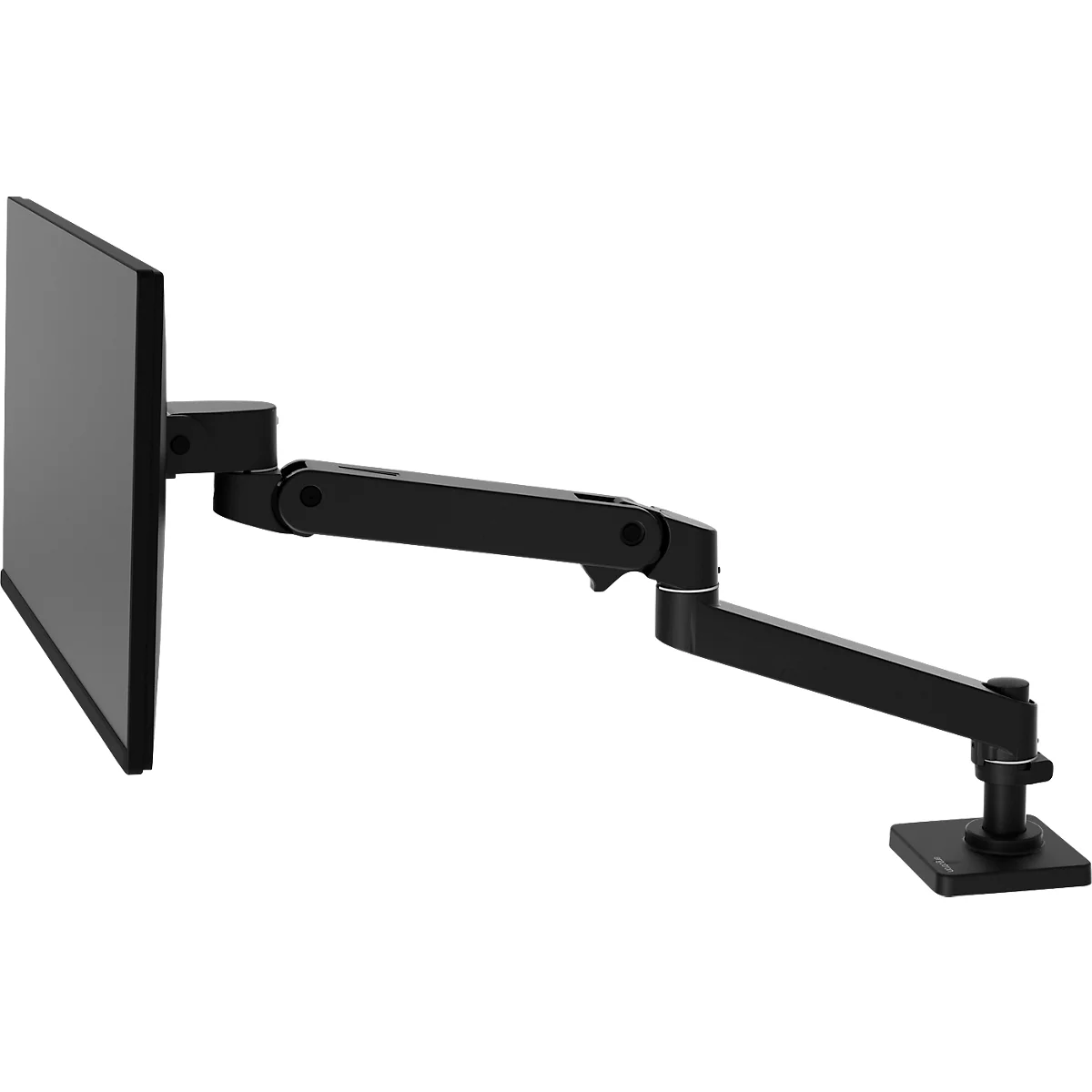 Bras de moniteur noir avec moniteur fixé; inclinable et rotatif.