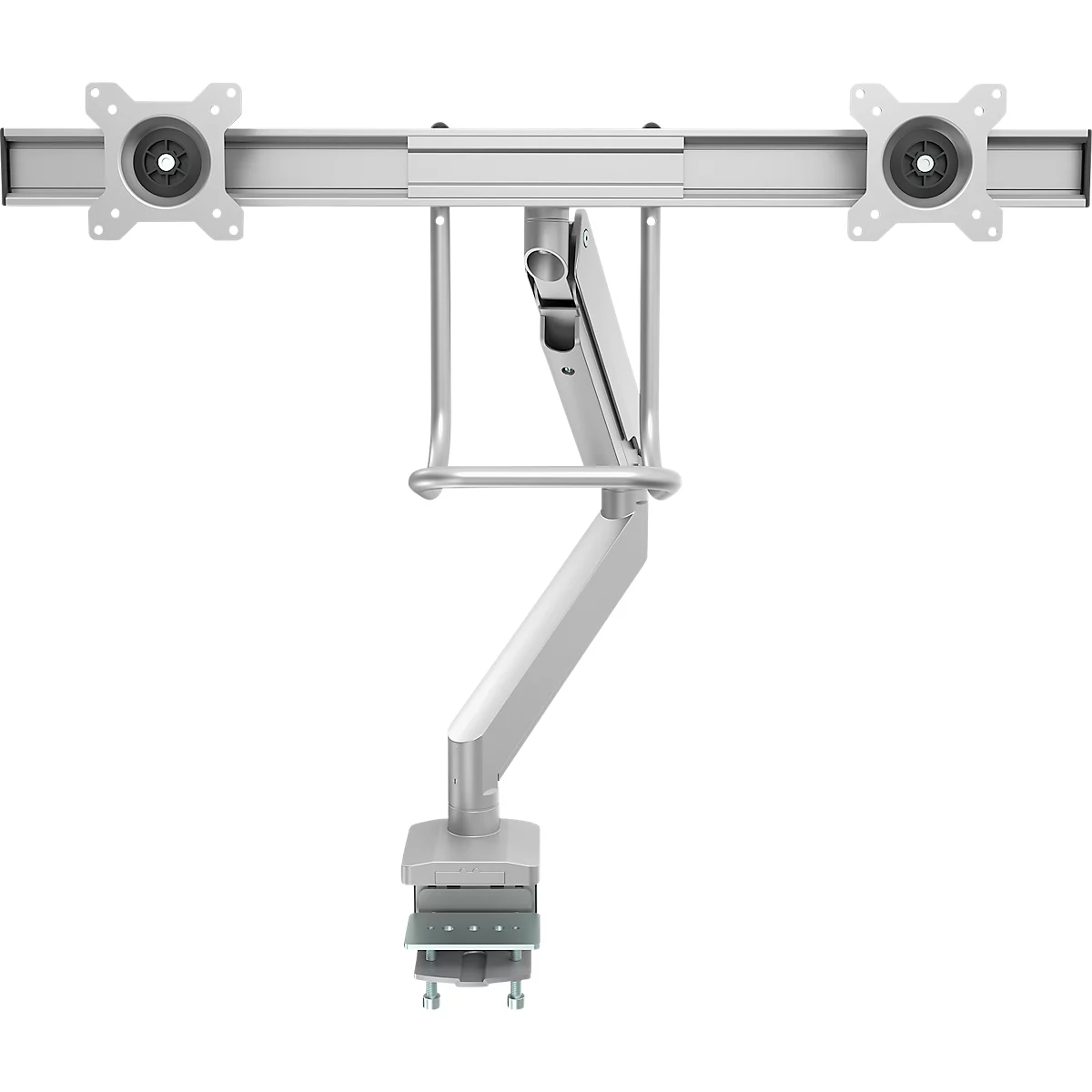 Bras pour écran Fellowes® Eppa™, pour 2 écrans jusqu'à 32" &amp; 8 kg chacun, réglable en hauteur/rotatif/pivotant/inclinable, design Crossbar, passage de câbles, pince de table, argenté